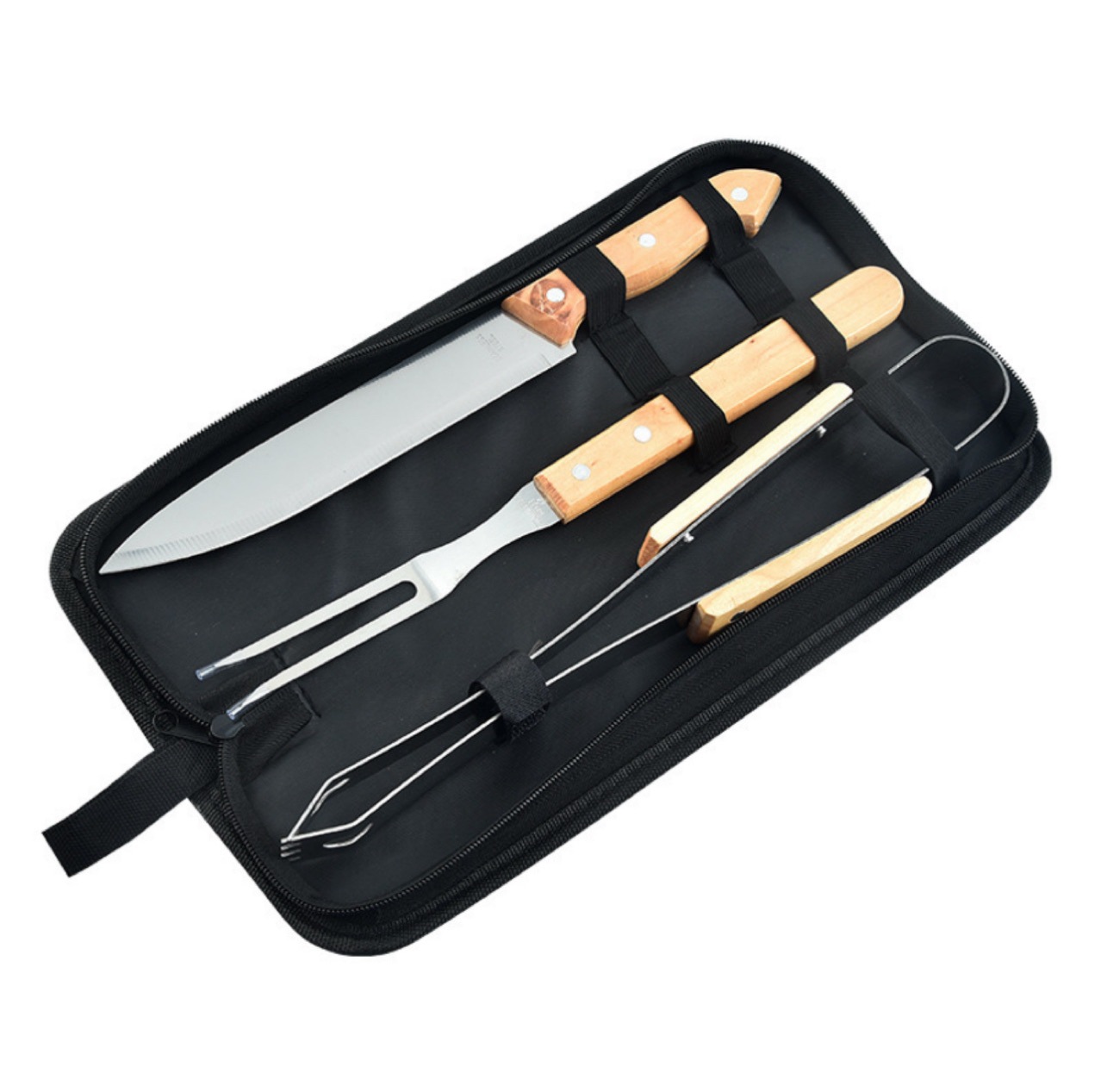 Kit de herramientas de barbacoa paquete completo de almacenamiento al aire libre mango de madera portátil utensilios de acero inoxidable combinación de utensilios de barbacoa