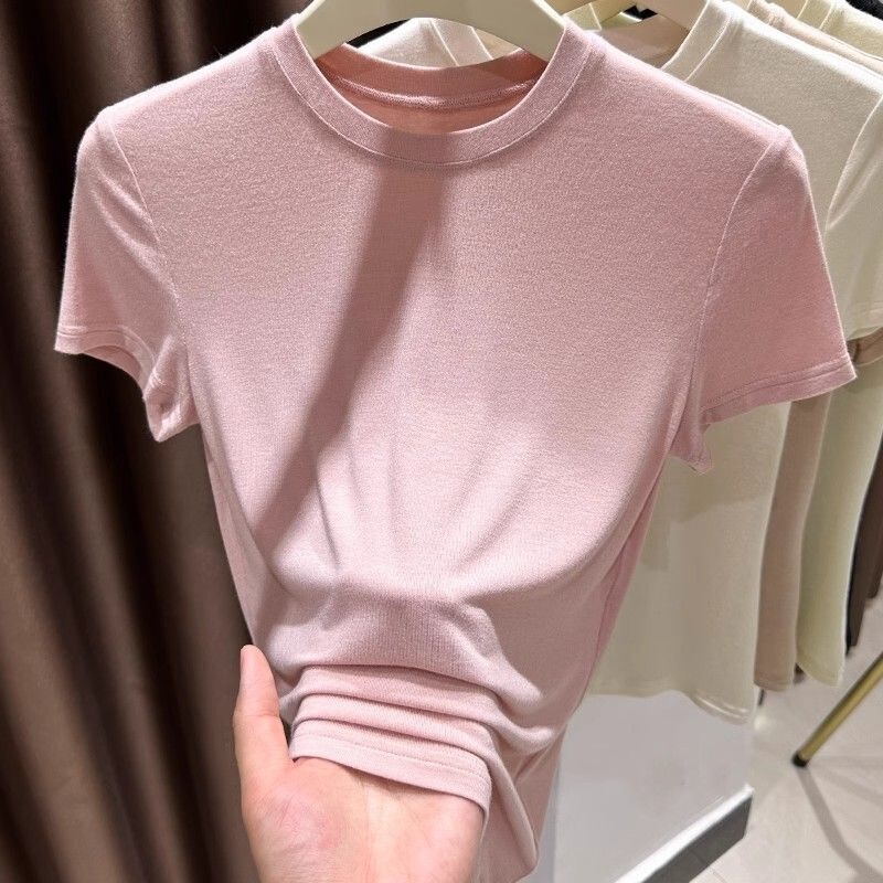 Soft and Lightweight Slim-Fit Short-Sleeve T-Shirt for Women, Summer Style with Small Flutter Sleeves, Regular Shoulder, Round Neck, Super Stretchy Skin-Friendly Top