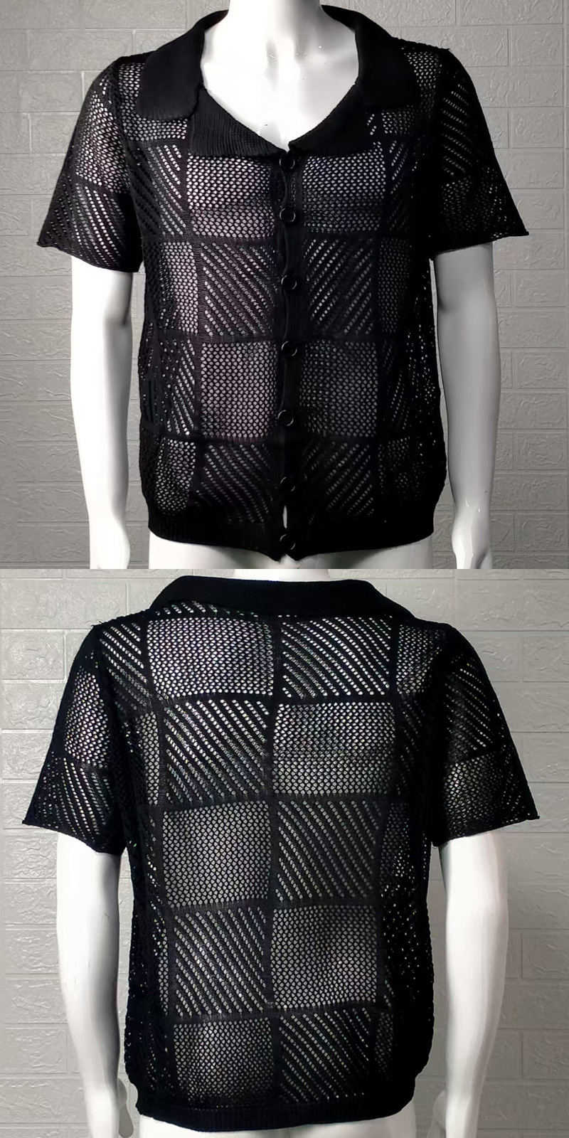 2025 Sommer Neue Strickjacke Dünne Hohl Polo Kragen Kurzarm Top Herrenbekleidung_voghion.com