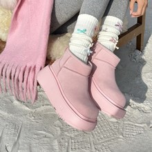 鞠婧祎同款2025冬季新款厚底粉色圆方不对称加绒保暖防滑雪地靴女