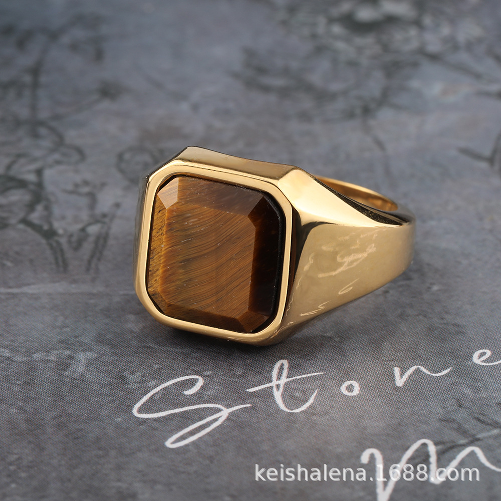 2025 New European and American Style Personality Simple Square Multicolor Tiger Eye Men's Titanium Steel Ring Wholesale
