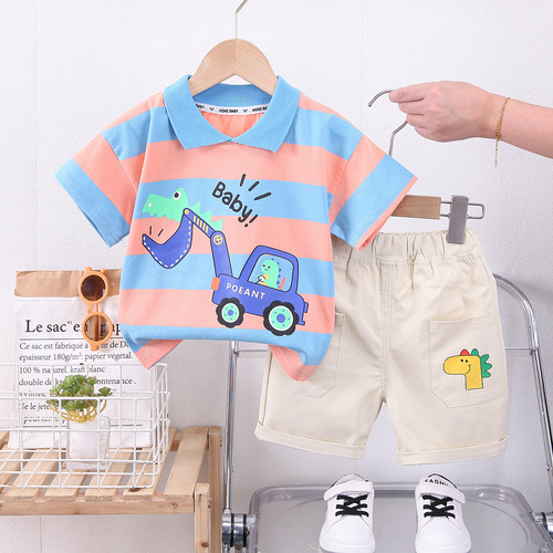 Boys summer suit Korean version trendy baby striped cartoon digger short-sleeved children's clothing one-year-old baby summer clothes