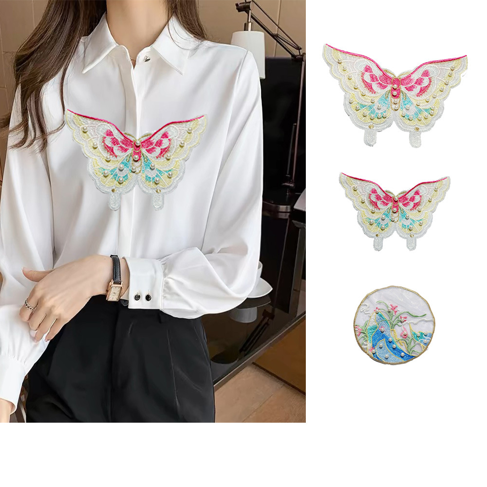 现货批发国风刺绣钉珠蝴蝶结布贴服装旗袍配饰辅料补丁贴diy装饰