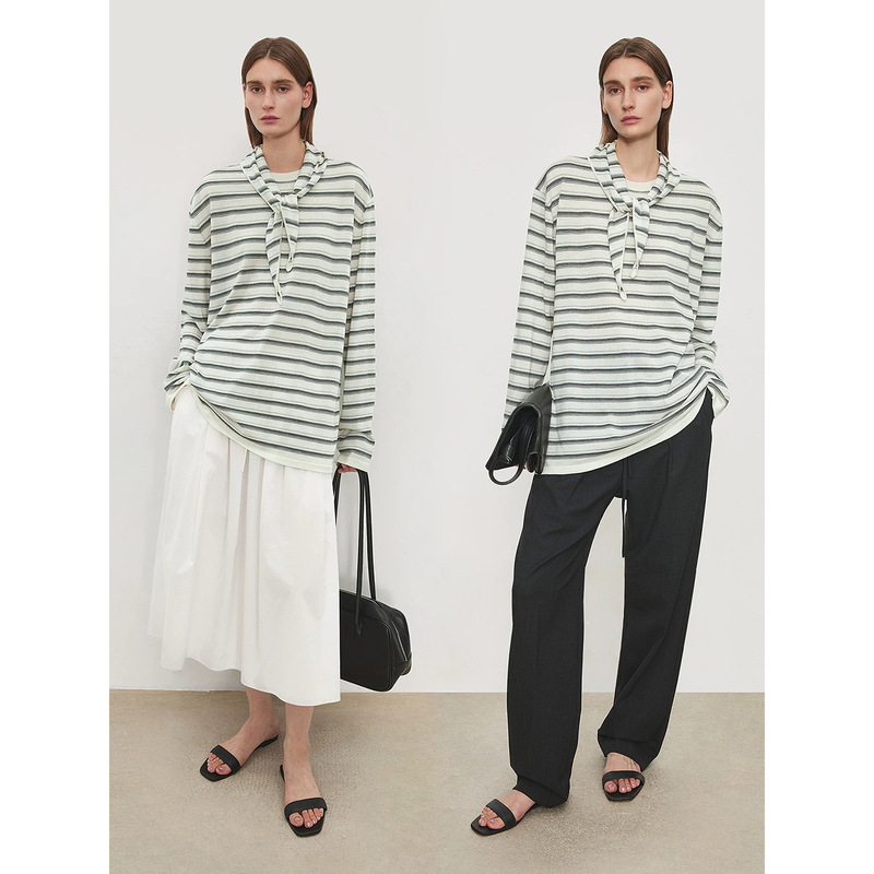 [Machine Washable] 26 Early Spring New 48-Count Wool Blend Color-Blocked Striped Crew Neck Knit Sweater Shawl Loose Pullover