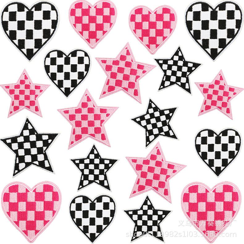 黑白方格五角星刺绣布贴包包装饰格子爱心补丁贴电脑刺绣章仔熨烫