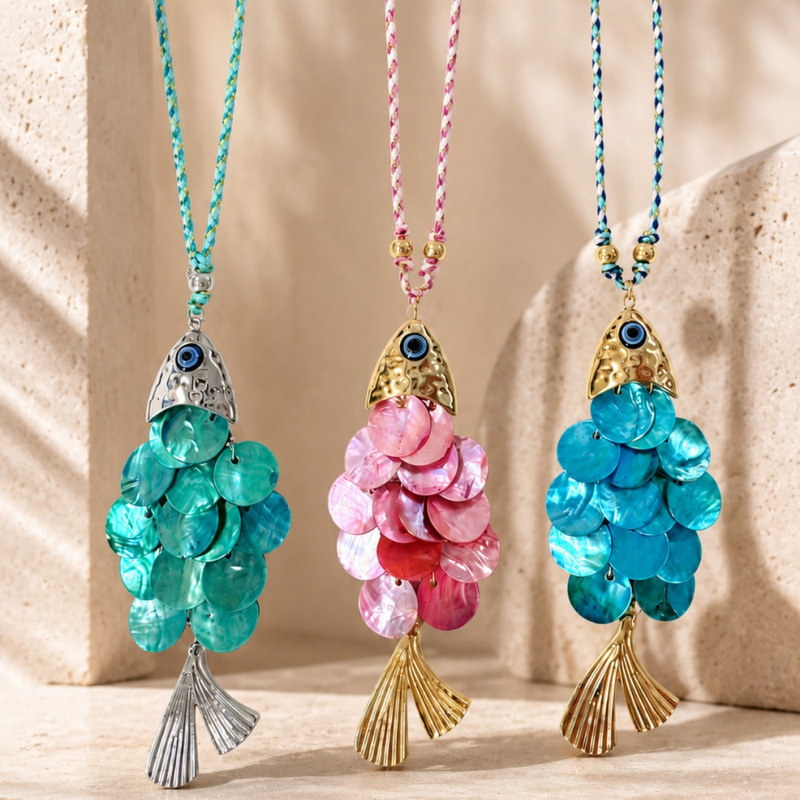 3D Movable Fish-Shaped Pendant Women's Long Necklace Bohemian Vacation Style Women's Necklace Daily Casual Accessory