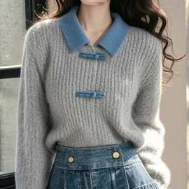 R6O慵懒高级感超好看独特漂亮软糯设计感灰色翻领新中式针织毛衣