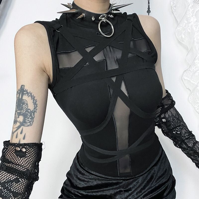 Dark Gothic Cross Hollow Out Vest for Women Halloween Outfit Hot Girl Slim Fit Top Dark Gothic Cross Hollow Out Vest for Women Halloween Outfit Hot Girl Slim Fit Top