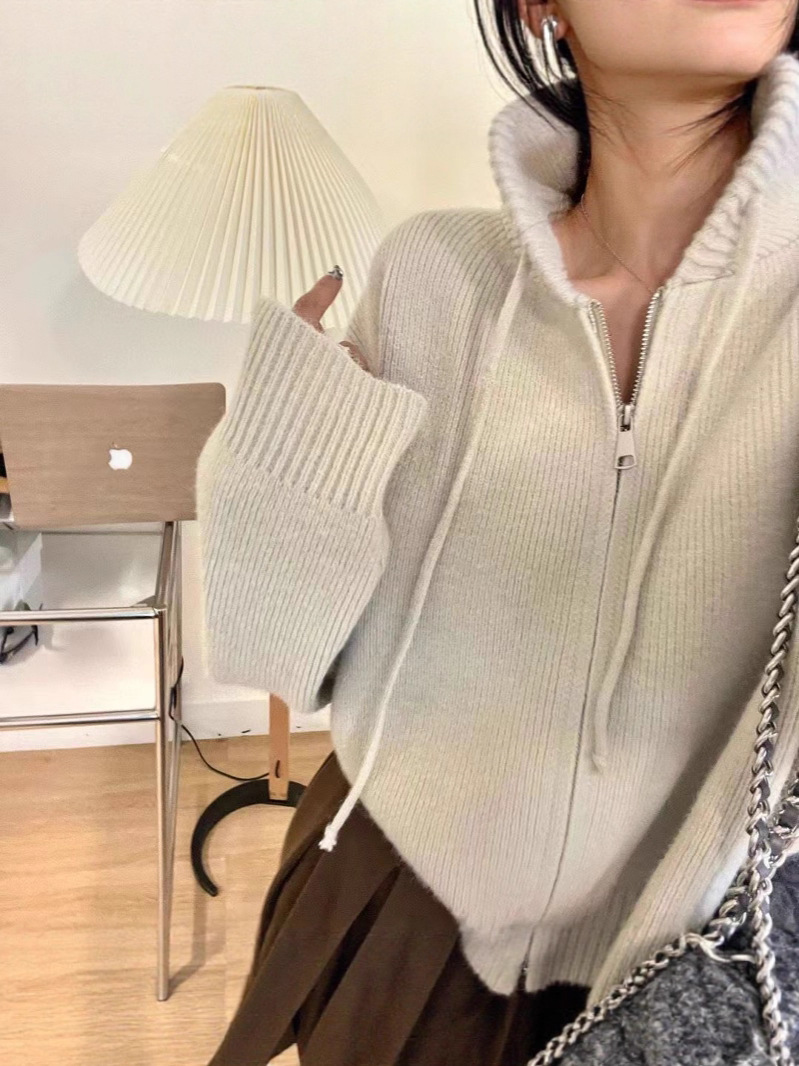 Demi-season solid short cardigan with hood with zipper