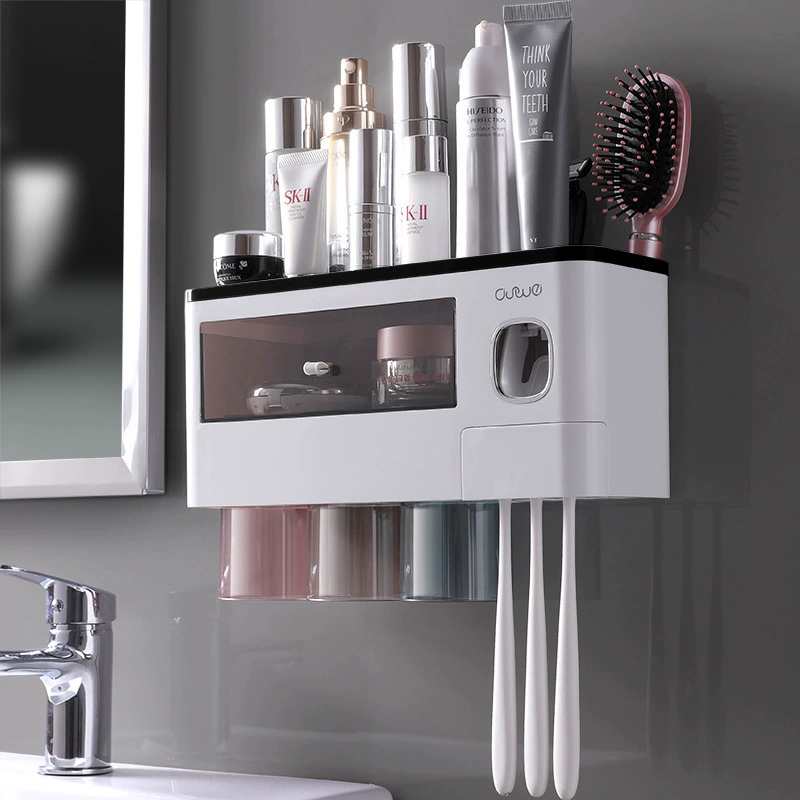 Wall-Mounted Toothbrush Holder Rack, Magnetic Suction with Toothpaste Squeezer, 2–4 Cups