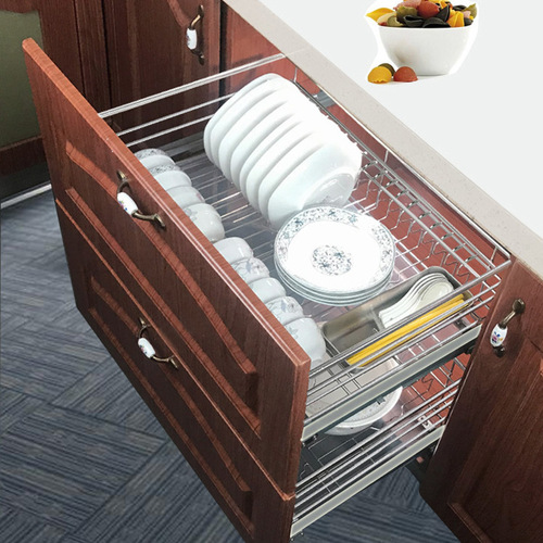 5YA1 kitchen cabinet small pull basket 304 stainless steel damping double layer thickened flat steel dish pull blue seasoning basket
