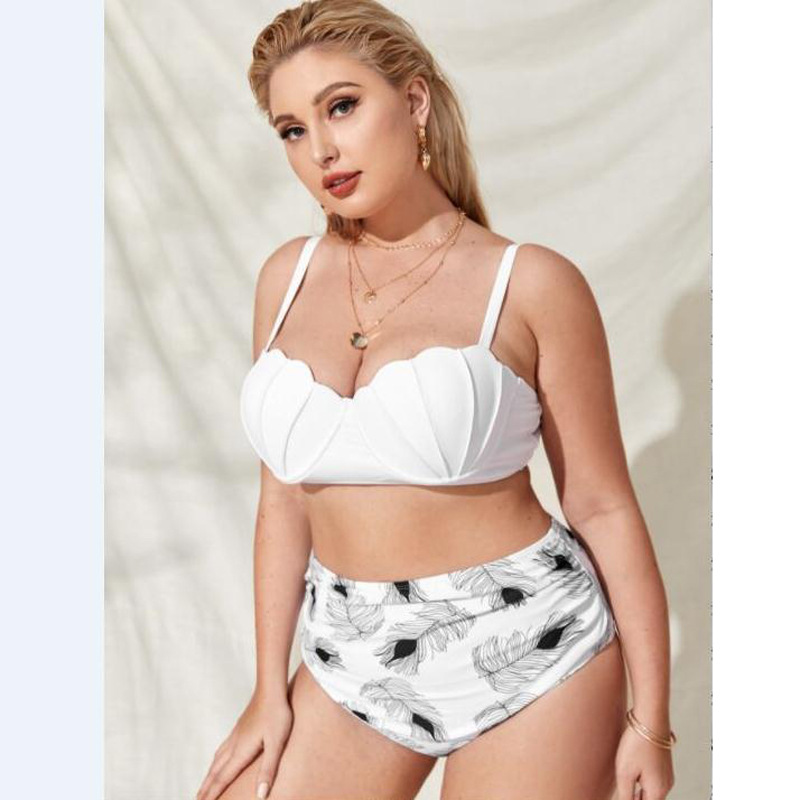 New Leaf Print Bikini Large Size Split Women's High Waist Swimwear display picture 4