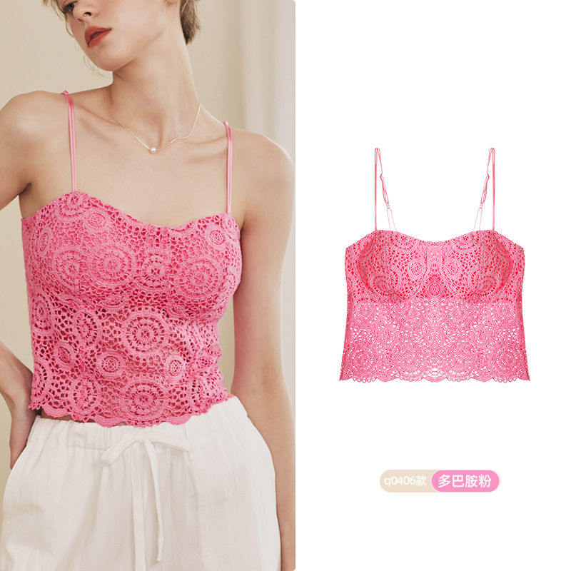 8729 French Light Luxury Encaje sexy Deep V Medio Sling Encaje Ropa interior Chaleco Mujer Sujetador sin cuello en V Mujer