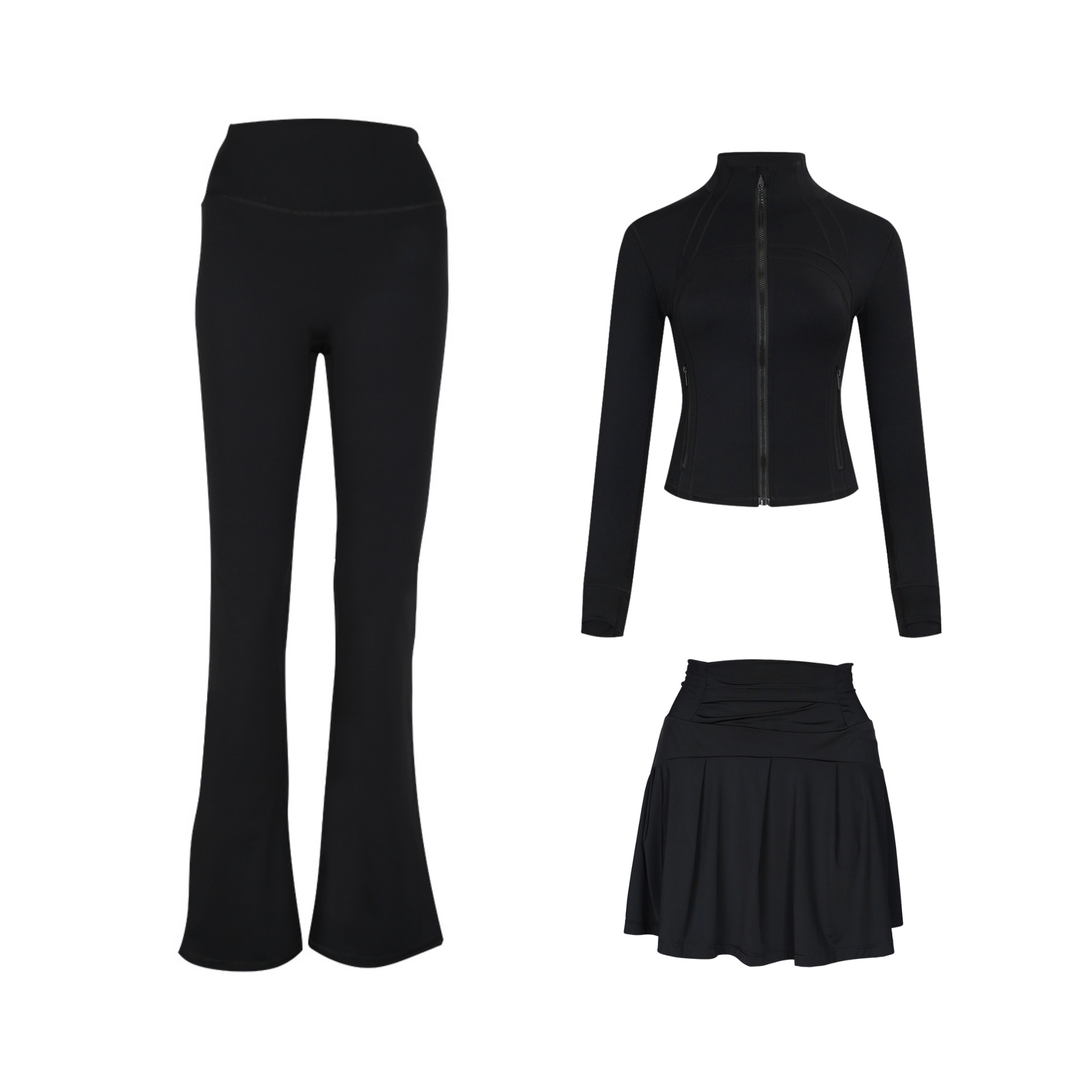 Women's Cropped Jacket & Mini Skirt & Flare Pants 3-Piece Set – Stretchy Activewear For Yoga, Running & Street Style (Nylon Blend, Slim Fit)_voghion.com