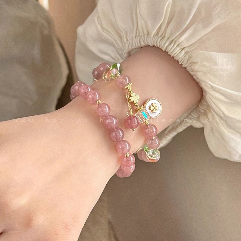 Peach Blossom Strawberry Pink Beaded Bracelet Women's Exquisite High-End Crystal Summer Fresh and Sweet Bracelet for Best Friend