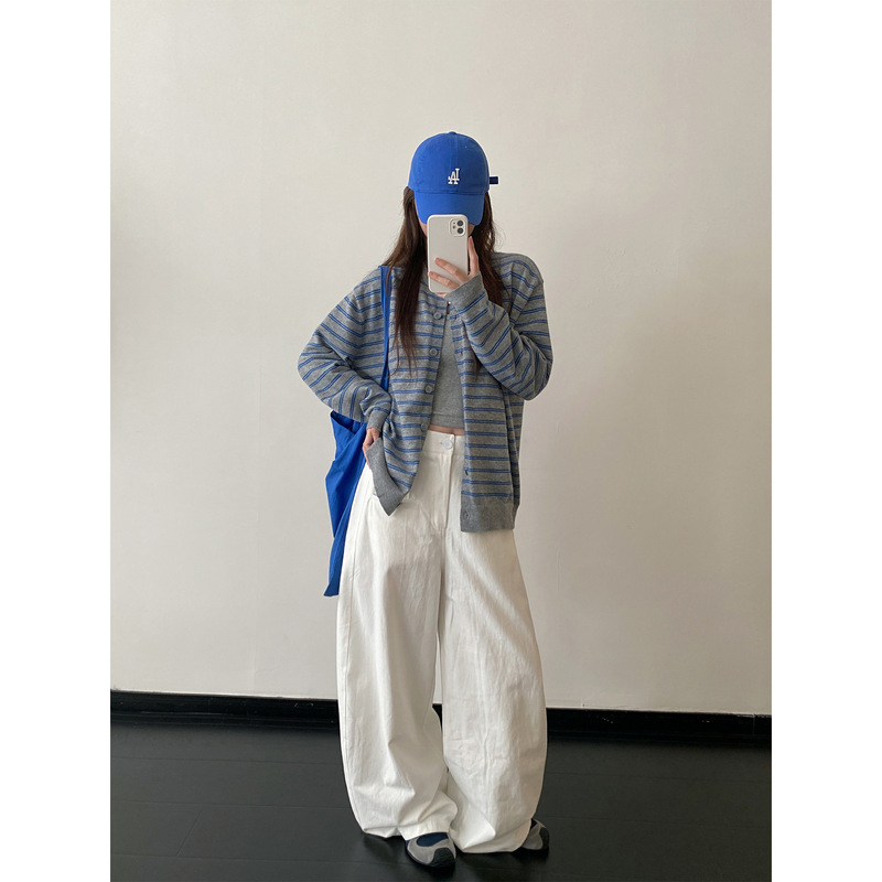 复古撞色条纹针织开衫2025秋冬新款宽松慵懒休闲女式毛衣上衣外套|undefined