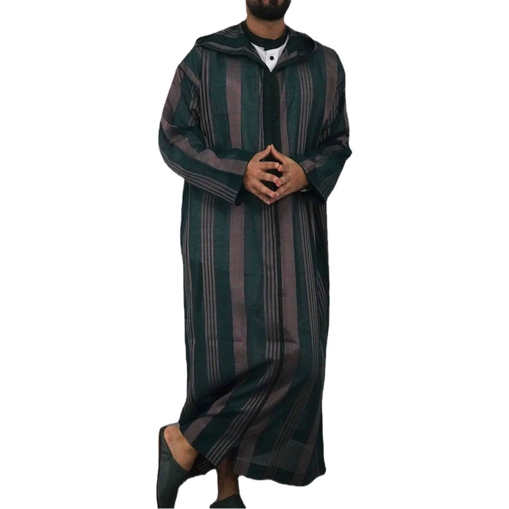 Мужская одежда больших размеров, длинный комбинезон с капюшоном AliExpress, мусульманский халат с полосатым принтом, этнический стиль.