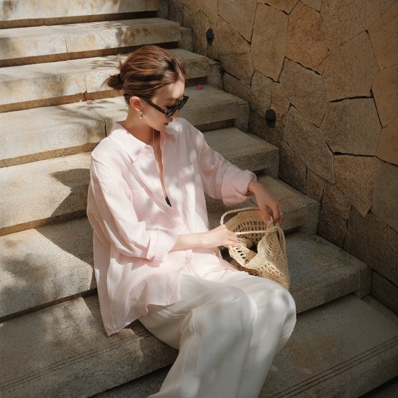 Linen Vacation-Style Long-Sleeve Shirt for Women, Loose Casual Sun-Protective Blouse, Summer 2026 Relaxed Fit Top