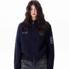 新款美式复古小众设计感拉链针织衫秋季女宽松痞帅短款毛衣外套潮