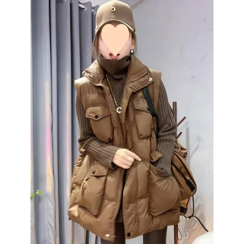 European Brand Heavyweight Autumn/Winter New Women's 2025 Brown Medium-Length Cotton Vest Jacket with a Sense of Sophistication and Unique Trendiness