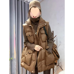 European Brand Heavyweight Autumn/Winter New Women's 2025 Brown Medium-Length Cotton Vest Jacket with a Sense of Sophistication and Unique Trendiness
