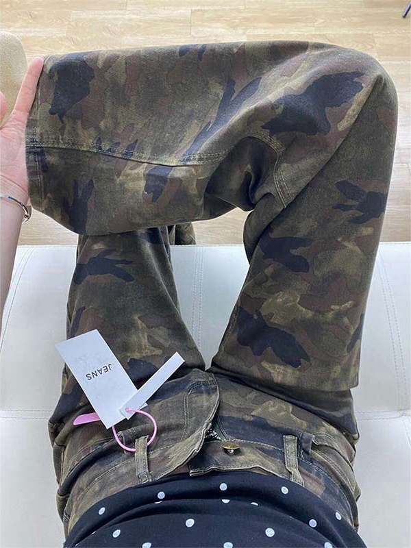 复古美式迷彩低腰微喇牛仔裤女2025夏季新款高街宽松显瘦拖地长裤|undefined