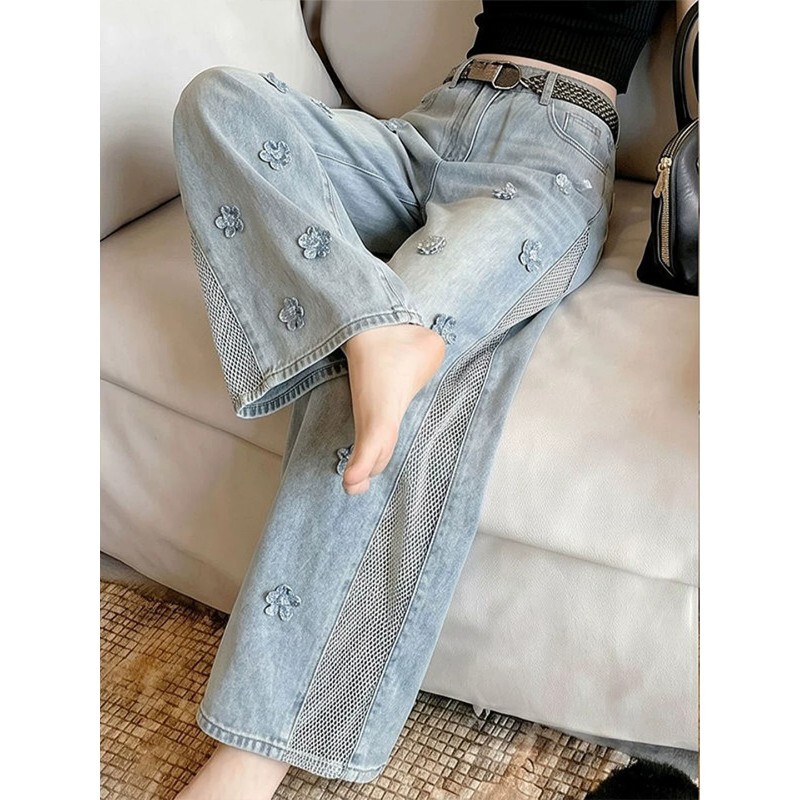 Korean-style casual jeans for women with unique design, embroidered and hollowed-out details, washed and distressed, loose straight wide-leg pants