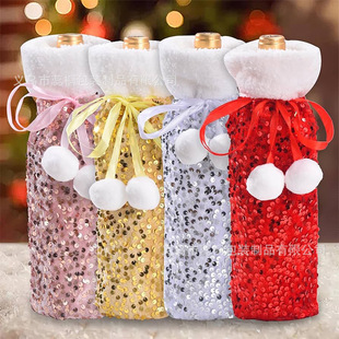 Christmas Wine Bottle Bag with Drawstring Glitter Sequin Gift Bag Christmas Spliced ​​Velvet Sequin Wine Bottle Drawstring Bag