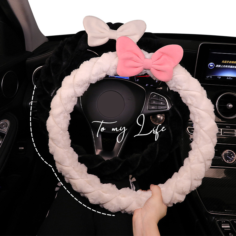 Cute plush keep warm steering wheel with bow