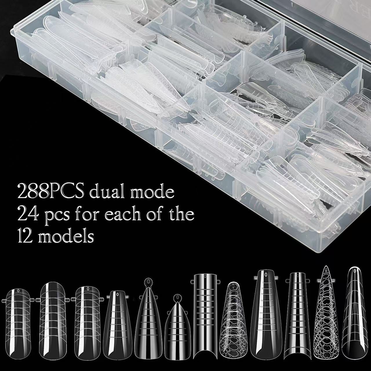 Uña cristal molde de uñas de extensión mezclado 12 dedos sin papel de extensión de cristal de uñas transparentes 288pcs