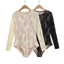 时尚新款蕾丝拼接长袖连裆女T恤纱网镂空钩花辣妹连身连体衫上衣