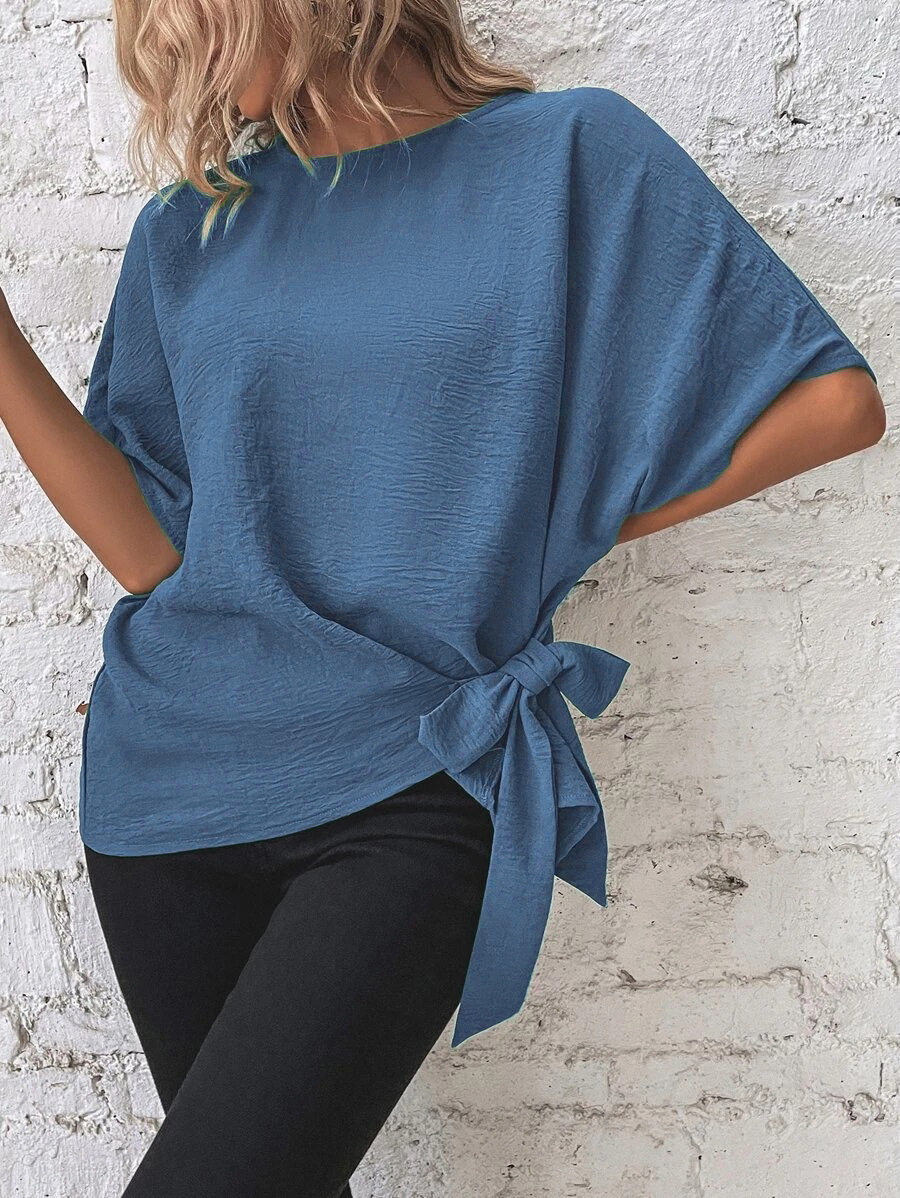 2025 European and American Cross-border Women's Summer New Solid Color Bat Sleeve Shirt Loose Casual Short Sleeve Commuter Top