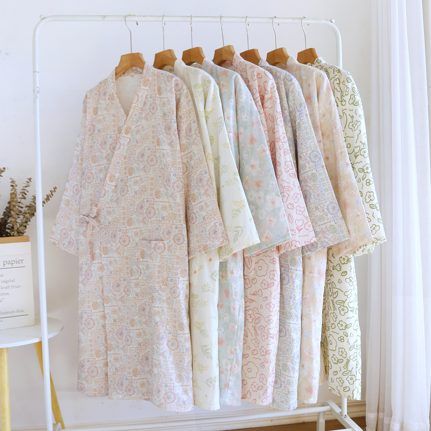 Spring and Summer Thin Japanese-Style Pure Cotton Gauze Kimono Robe Women's Home Bathrobe All-Cotton Tie Bathrobe Pajamas Sauna Suit