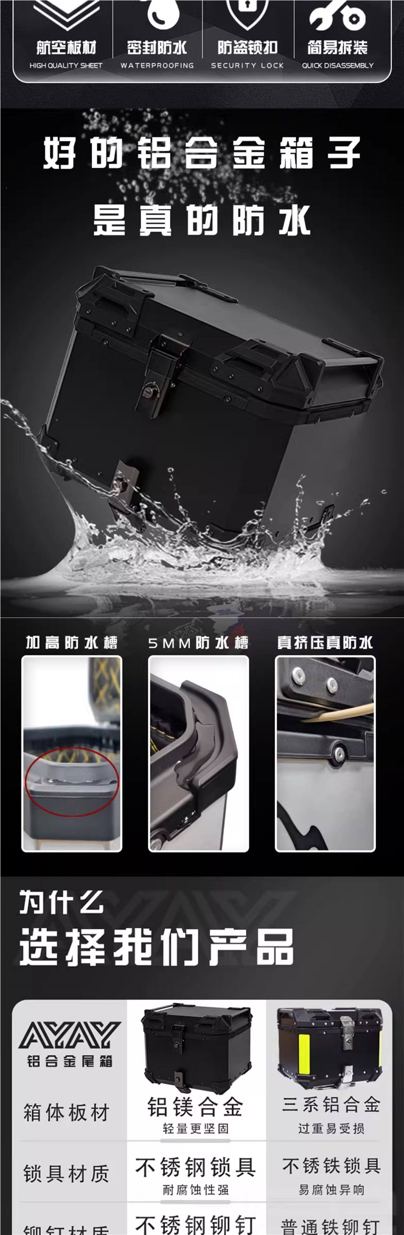 Ayay Black Warrior Embossed Aluminum Alloy Tail Box Motorcycle Trunk Large Capacity Electric Vehicle Rear Trunk Thick Version