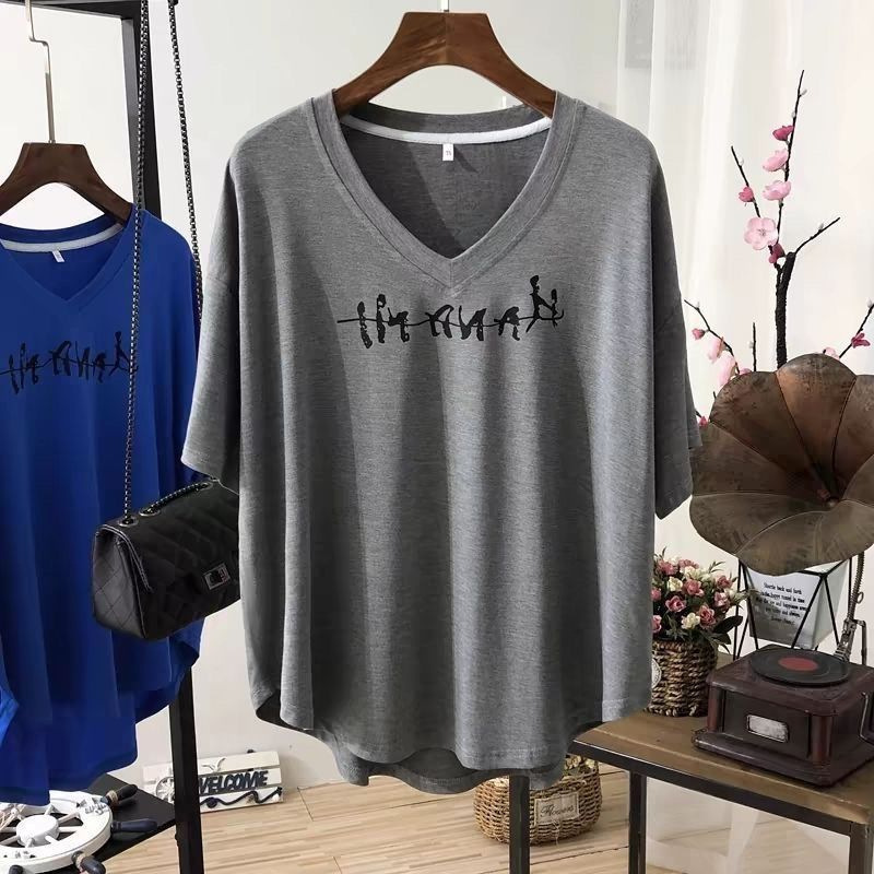 2025 Summer Plus Size 150kg Pure Desire Style V-Neck Short Sleeve T-Shirt for Women, Loose and Casual Top