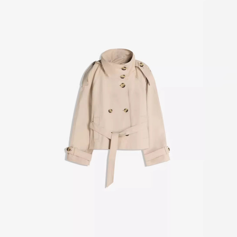 2026 Amazon Aliexpress Stylish Short Trench Coat with Large Buttons and Stand Collar