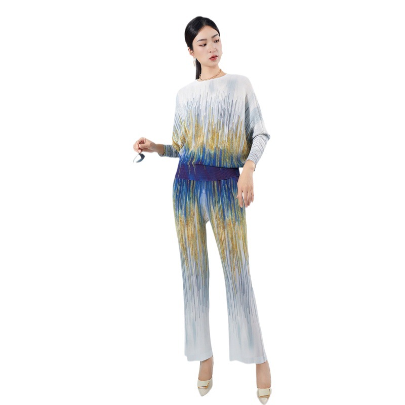 Traje de moda popular de este año ropa de mujer de alto grado impreso cuello redondo manga larga superior Pantalones rectos traje plisado de dos piezas