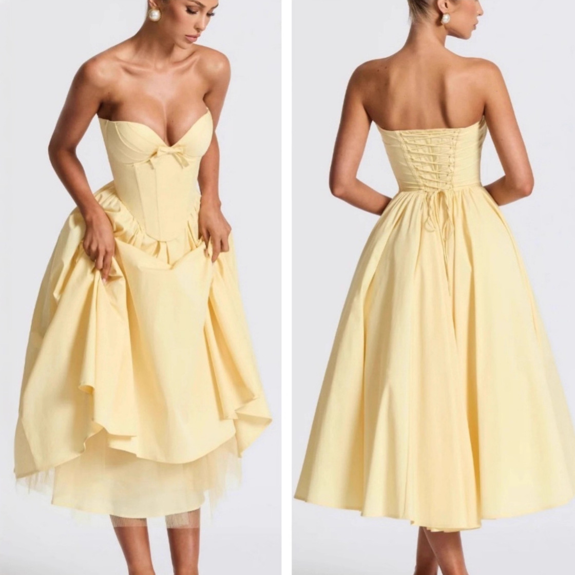 Yellow V Neck Tube Top Dress Sexy Backless Fishbone Corset Slim Princess Style Lace Puffy Dress Trendy