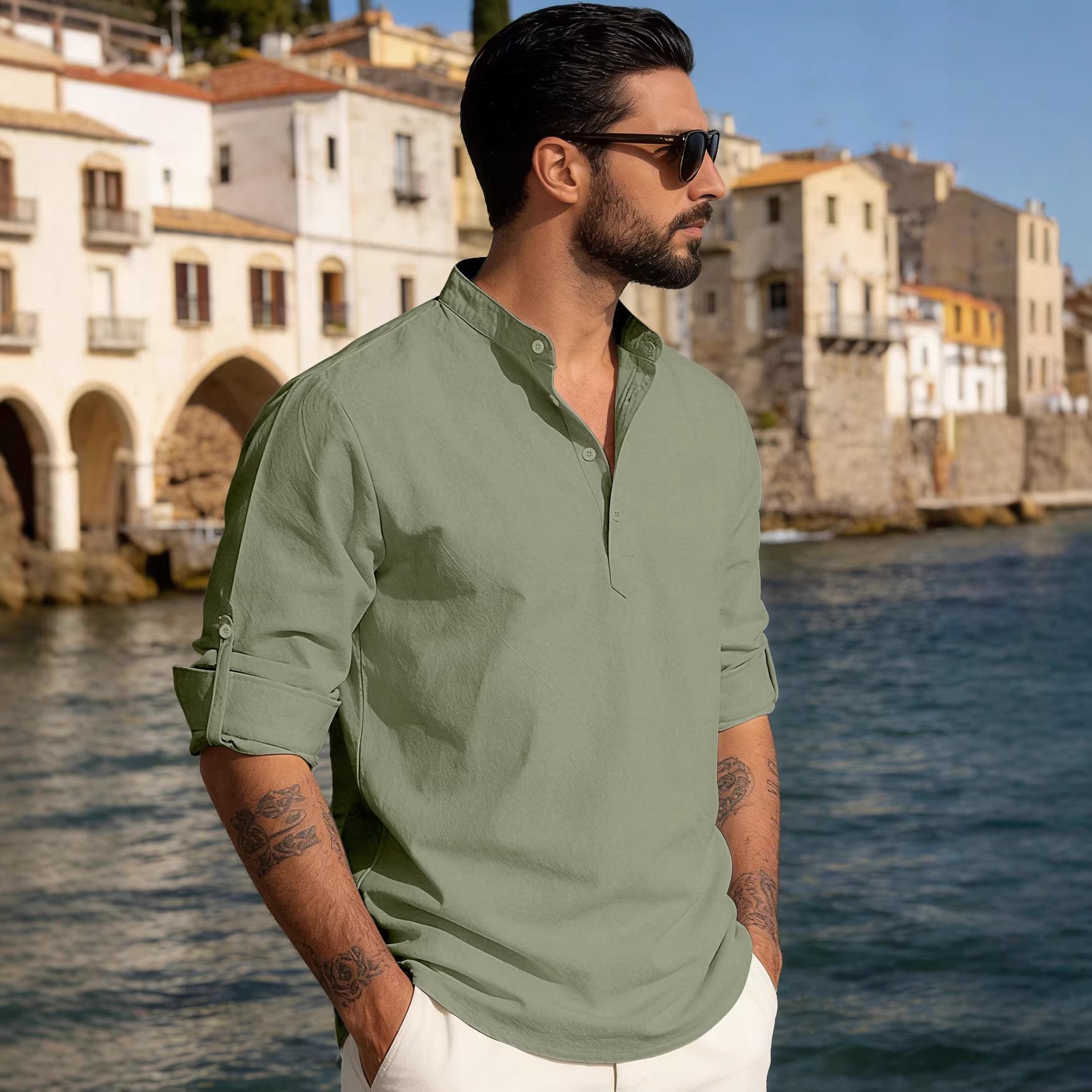 Amazon nueva camisa de hombre de color sólido, camisa de algodón de manga larga, camisa de comercio exterior de moda casual de tamaño grande, hombre