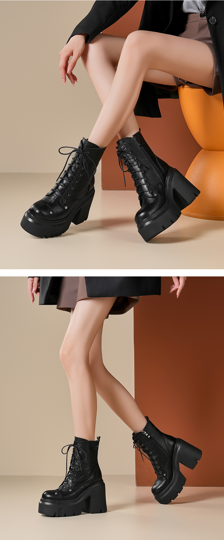 Boot nữ da mềm mũi tròn gót thô đế dày dây buộc — Lót nhung đen chi tiết 2