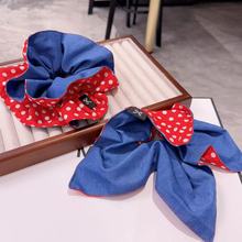 韩国代购高端AB面牛仔蓝波点褶皱肥肠圈双层绑发立体耐用皮筋发圈