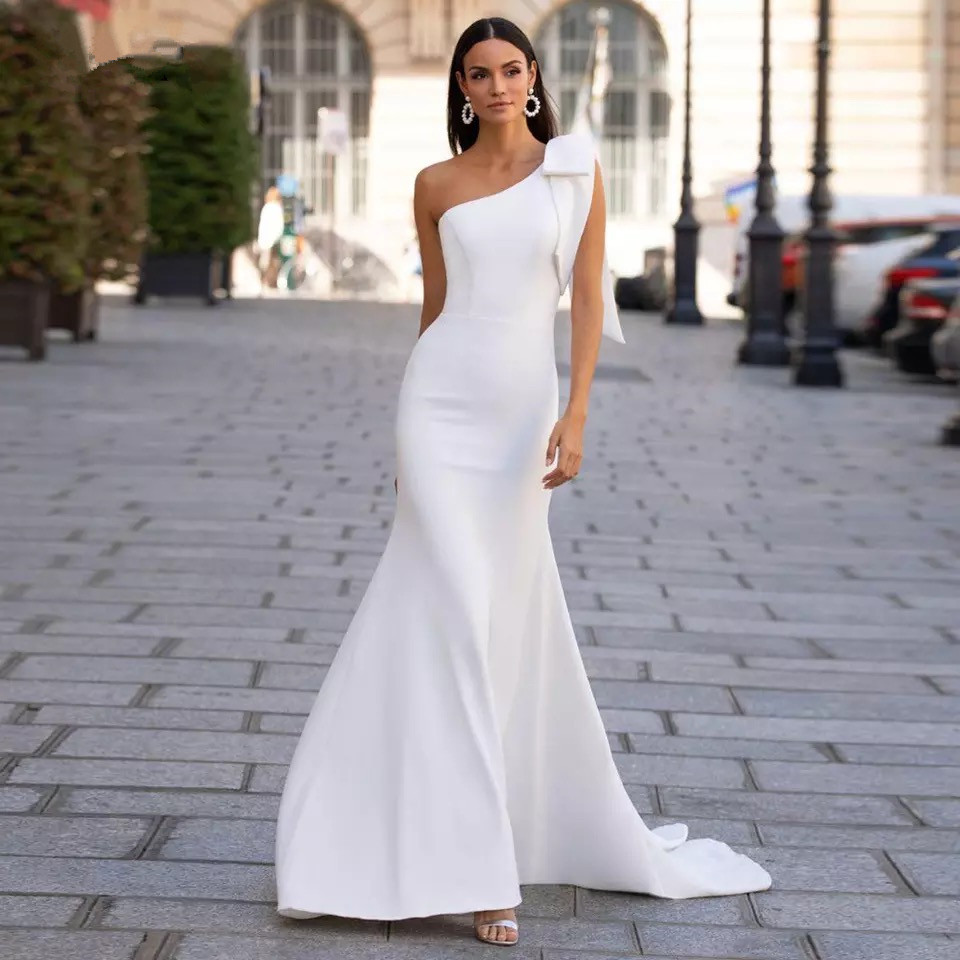 Europeo y americano Amazon Comercio exterior satén sirena vestido de novia un hombro Blanco/Marfil cinturón costero mariposa image 2