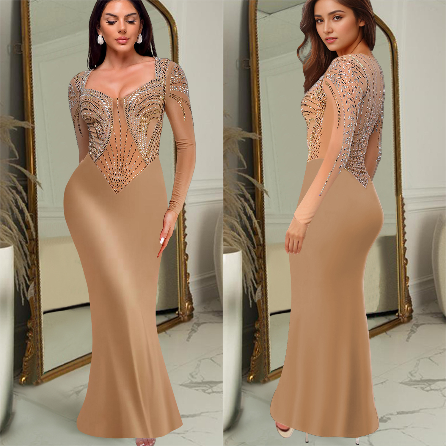 C7042 AliExpress transfronterizo Amazon estación independiente de moda europea y americana ropa de mujer de diamante caliente vestido de manga larga de color sólido nuevo