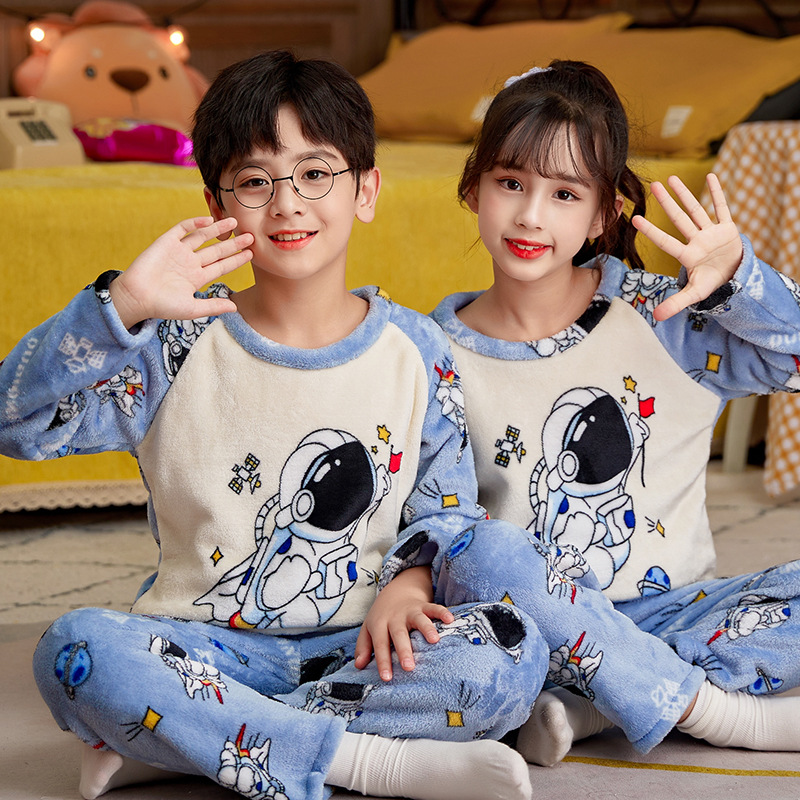 秋冬季儿童睡衣男孩珊瑚绒加厚加绒中大童青少年小学生女孩法兰绒