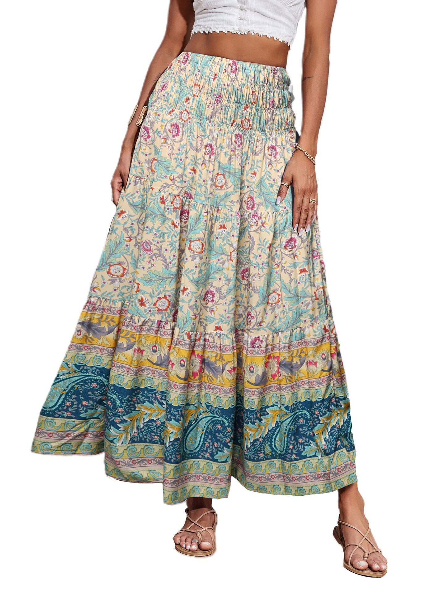 New European And American Printed Flared Bohemian Casual High-waisted Long Skirt, Beach Skirt For Women_ecoleips.com