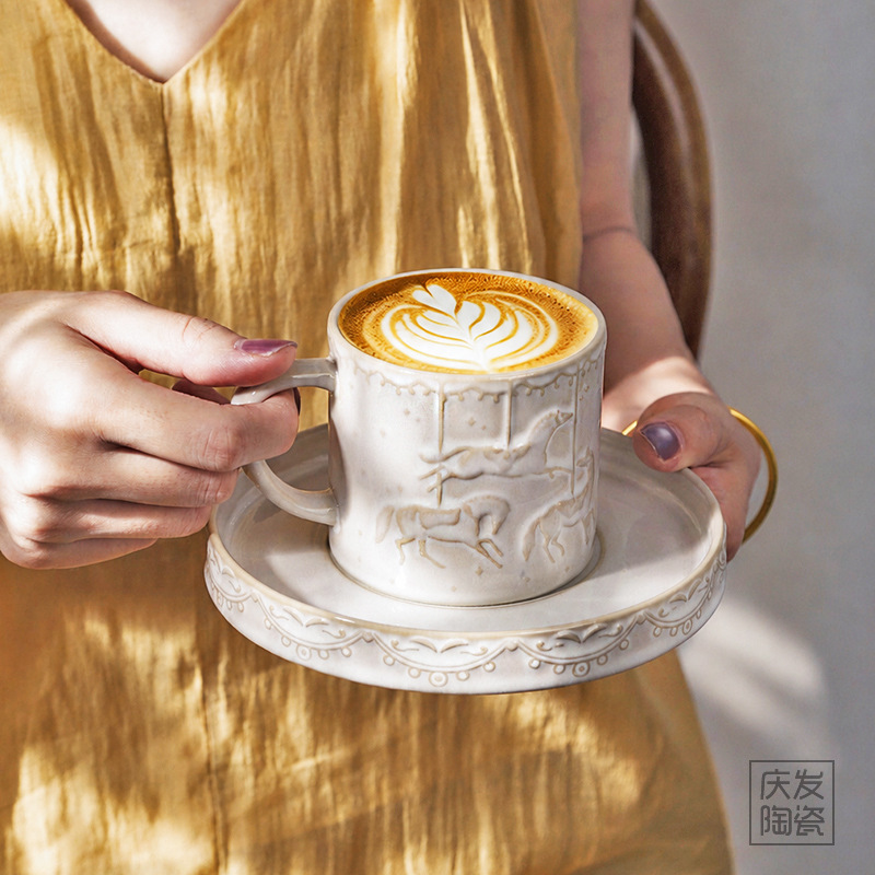Free shipping carousel coffee cup and saucer set, ceramic cup with a high-end feel, small embossed coffee cup, color box packaging