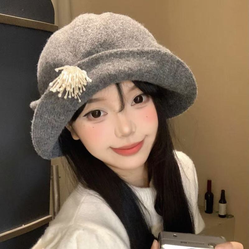 批发翻边毛呢渔夫帽女秋冬韩版显脸小百搭水桶帽法式大头围礼帽子|undefined