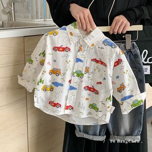 Bangcheng Kidsren's Shirt 2025 Autum New Korean Style Boy Cartoon Car Long-Sleeved Shirt Baby Autum Fashion Trend