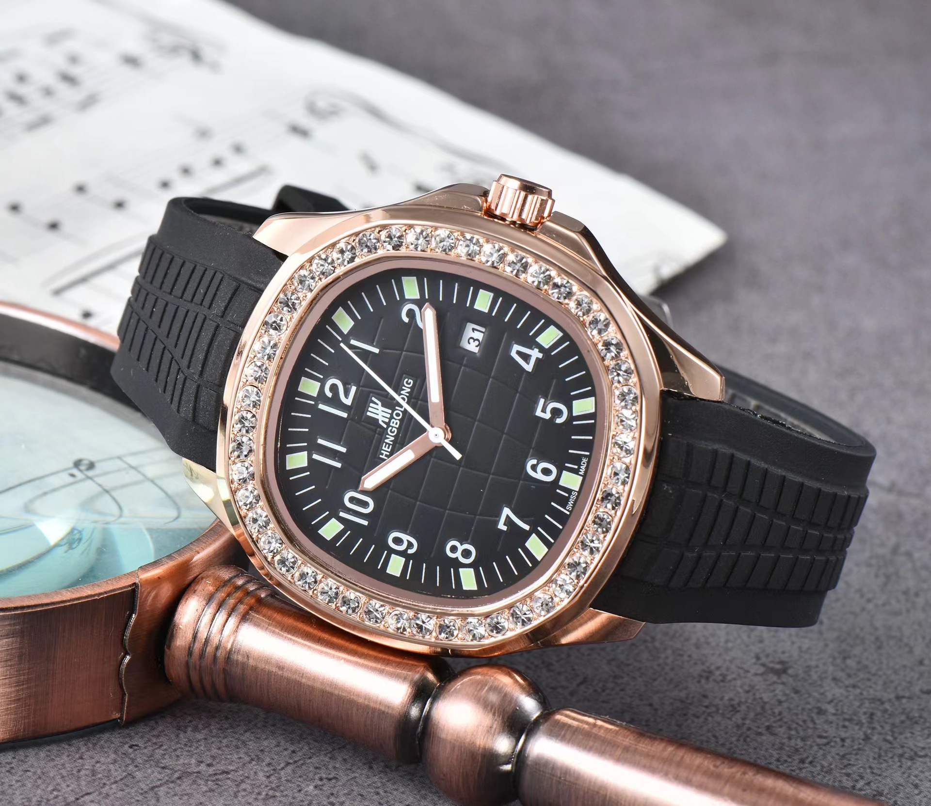 Men's Quartz Watch Square Nautilus Style Diamond Set Silicone_voghion.com