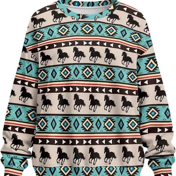 2026 European and American Cross-Border Western Style Women's Round Neck Sweatshirt Aztec Geometric Print Loose Long-Sleeve Pullover 2026 European and American Cross-Border Western Style Women's Round Neck Sweatshirt Aztec Geometric Print Loose Long-Sleeve Pullover